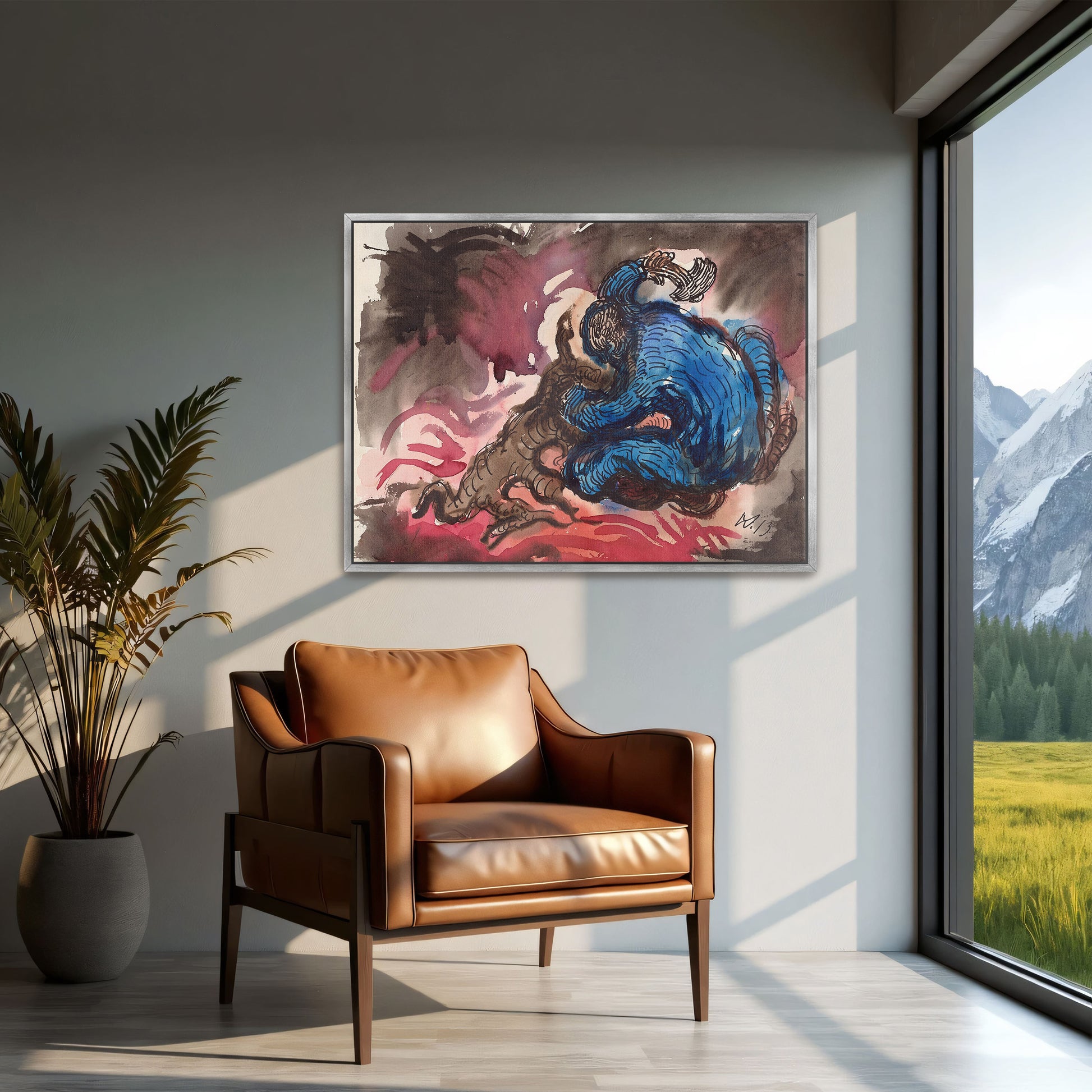 Blue Figure Wrestling With A Dark Creature In A Red And Brown Landscape By Wilhelm Morgner