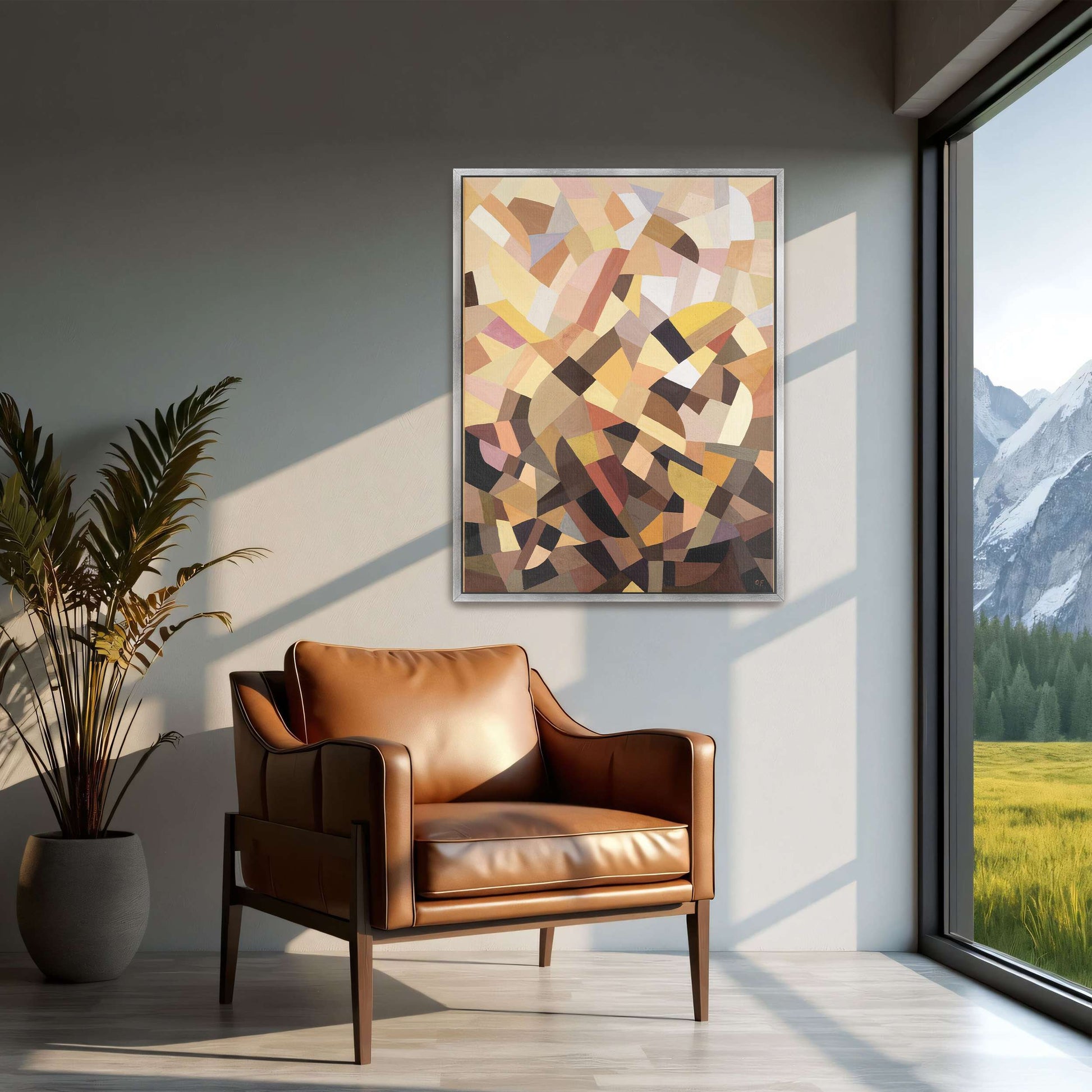 Abstract geometric painting with brown, yellow, and pink shapes by Otto Freundlich