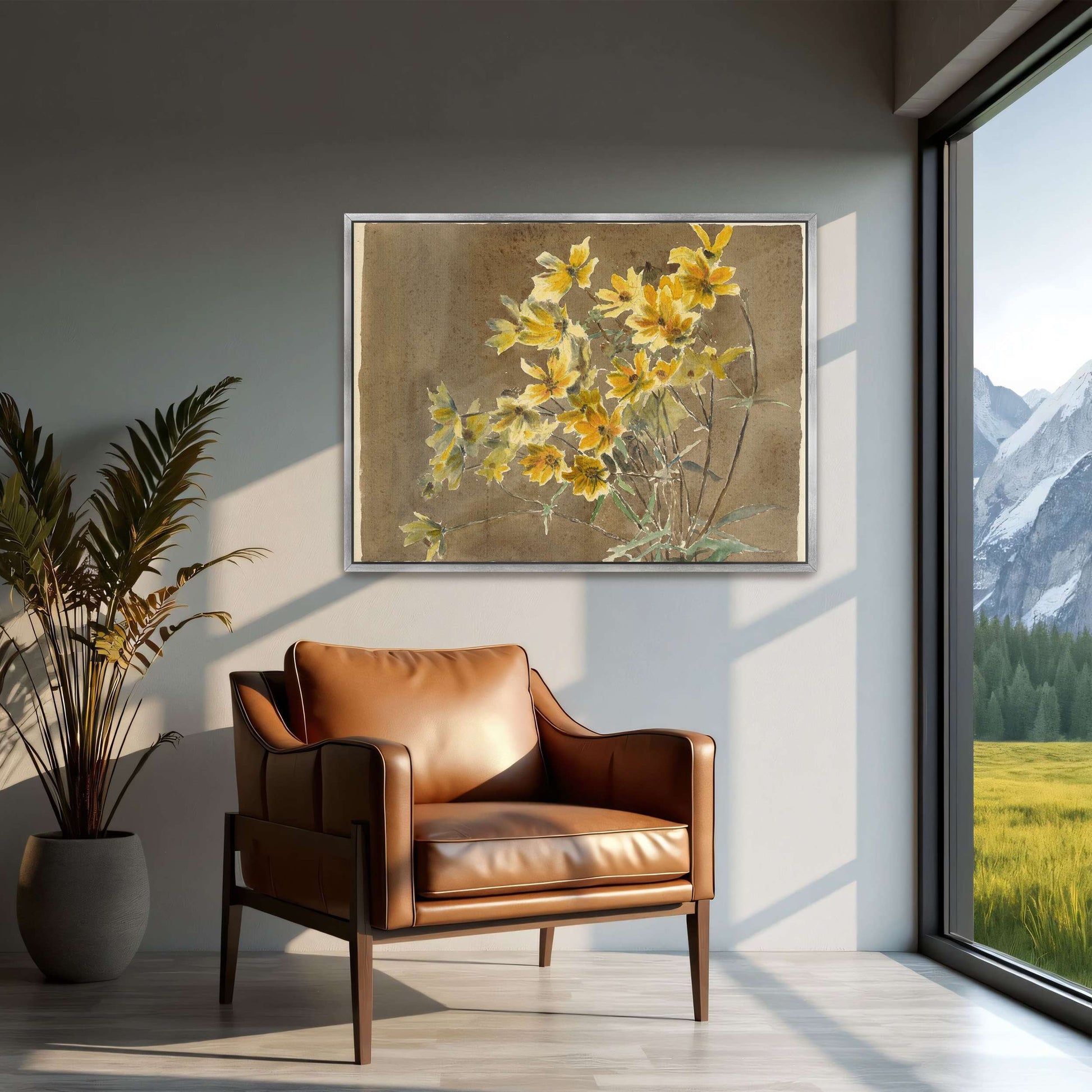 Yellow flowers on brown background by Hannah Borger Overbeck