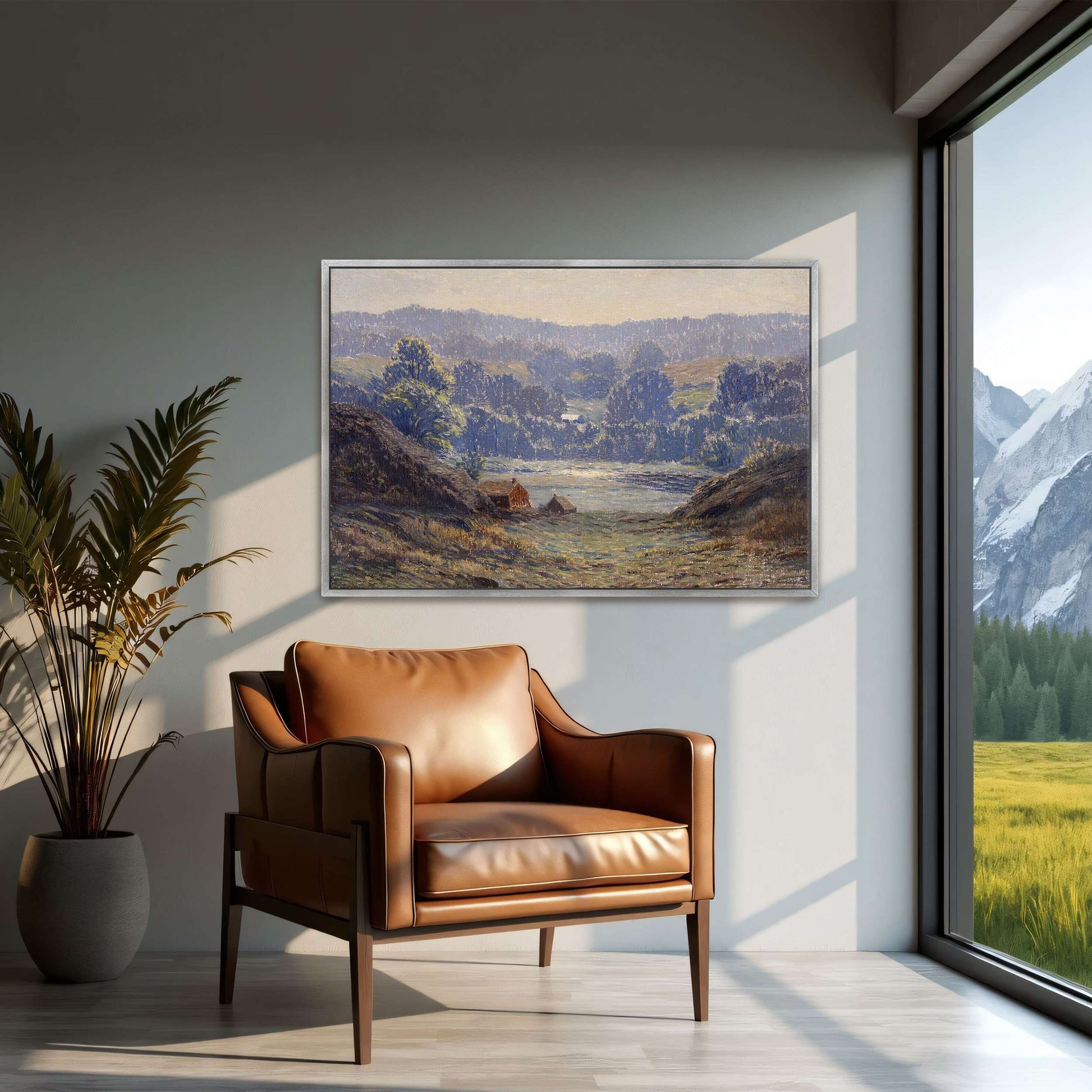 A landscape with a house in a valley by Leonard Ochtman