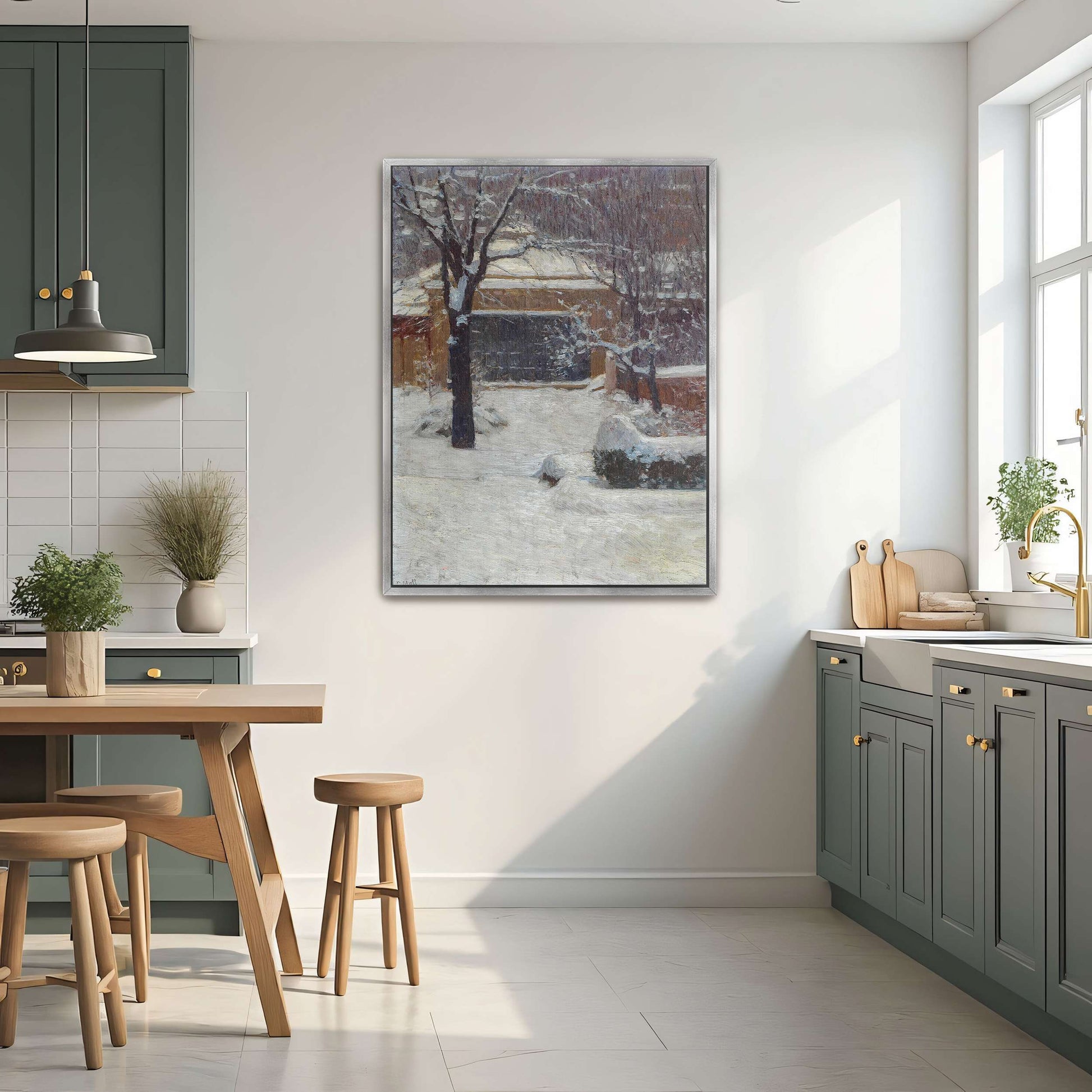 Snowy garden scene with building by Carl Moll
