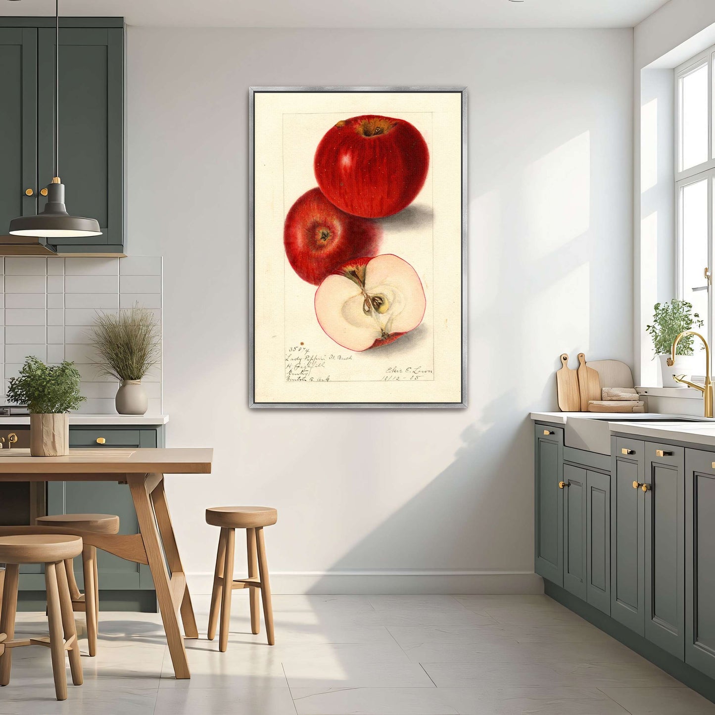 Three red apples, watercolor painting by Elsie E. Lower