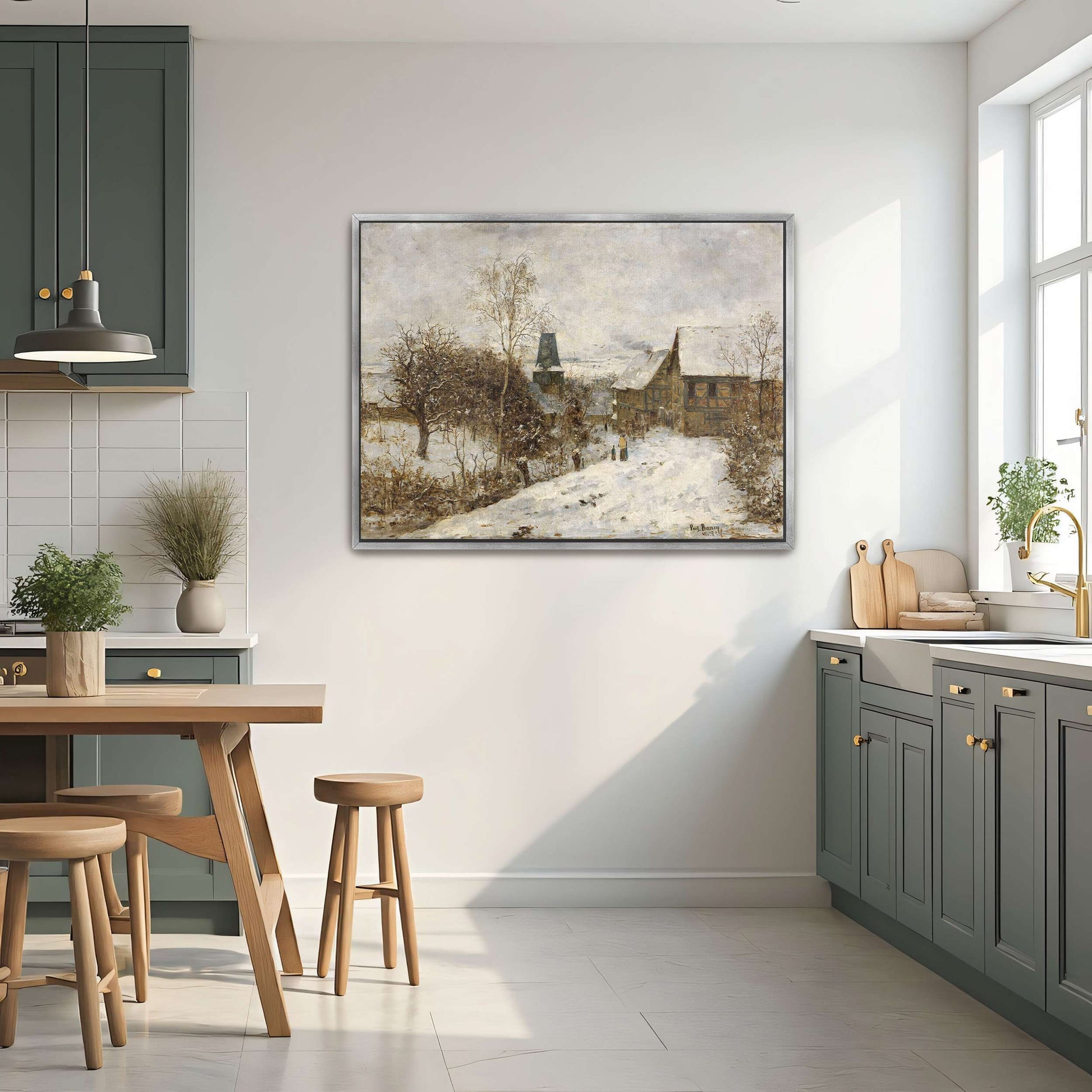 Snowy village scene with houses by Paul Baum