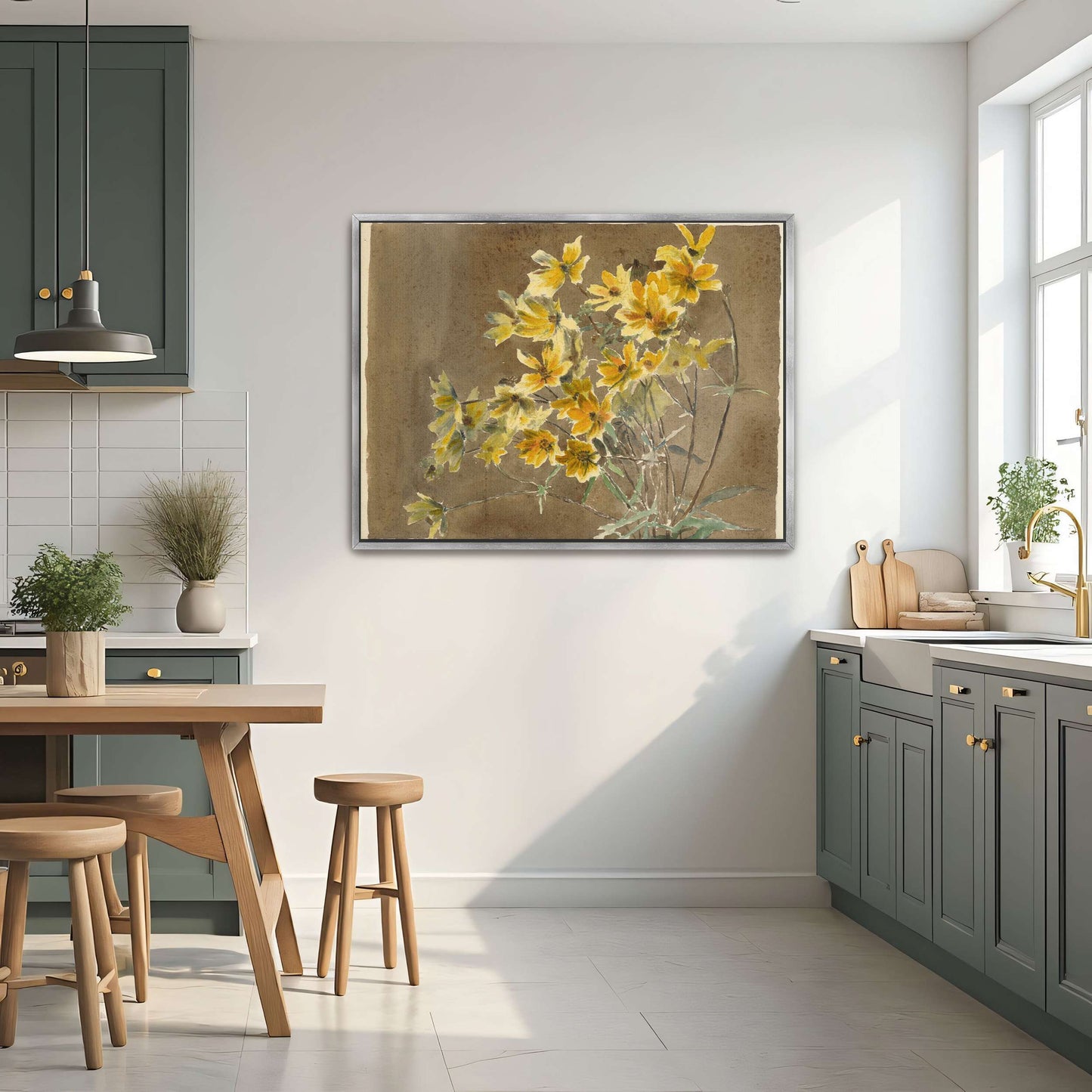 Yellow flowers on brown background by Hannah Borger Overbeck