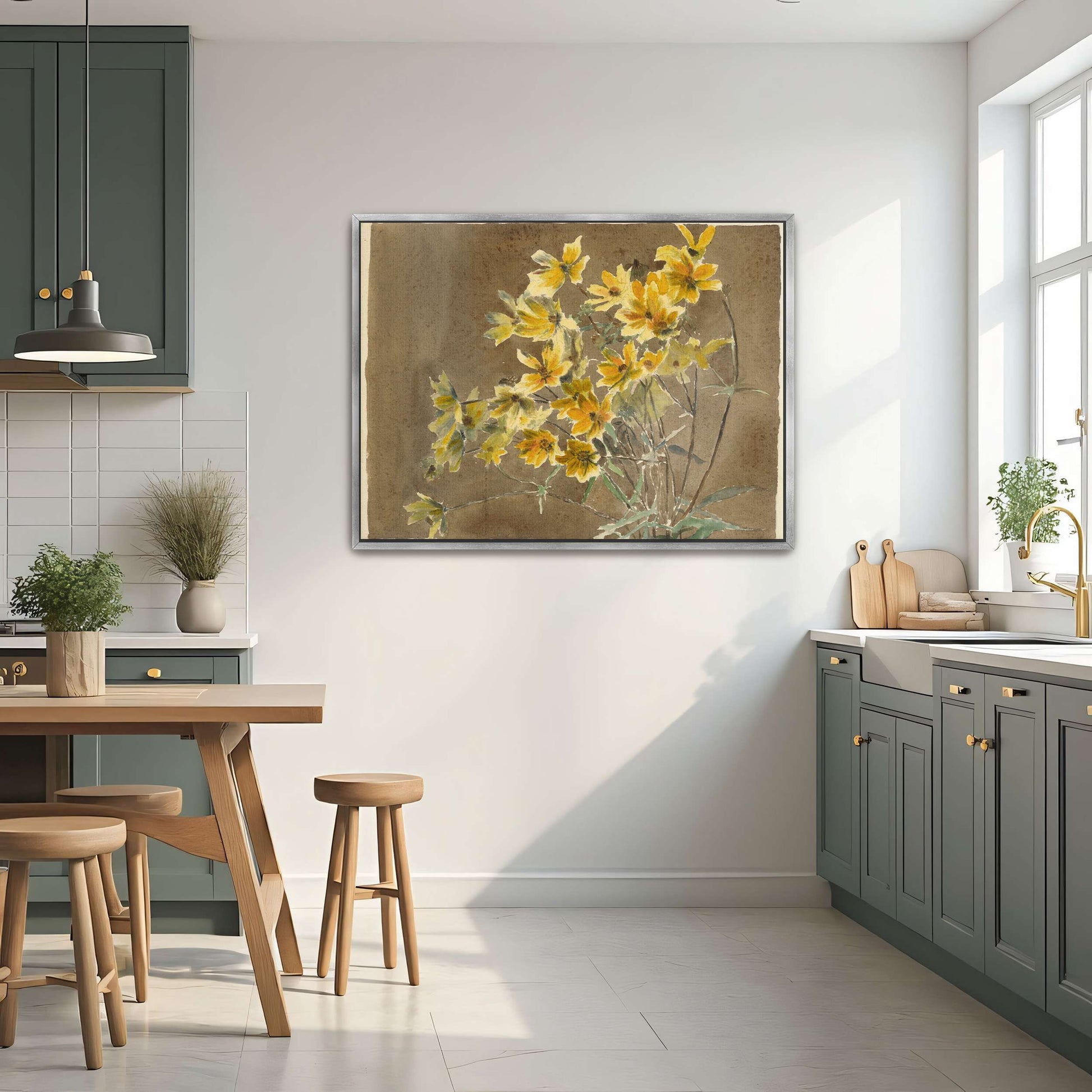 Yellow flowers on brown background by Hannah Borger Overbeck
