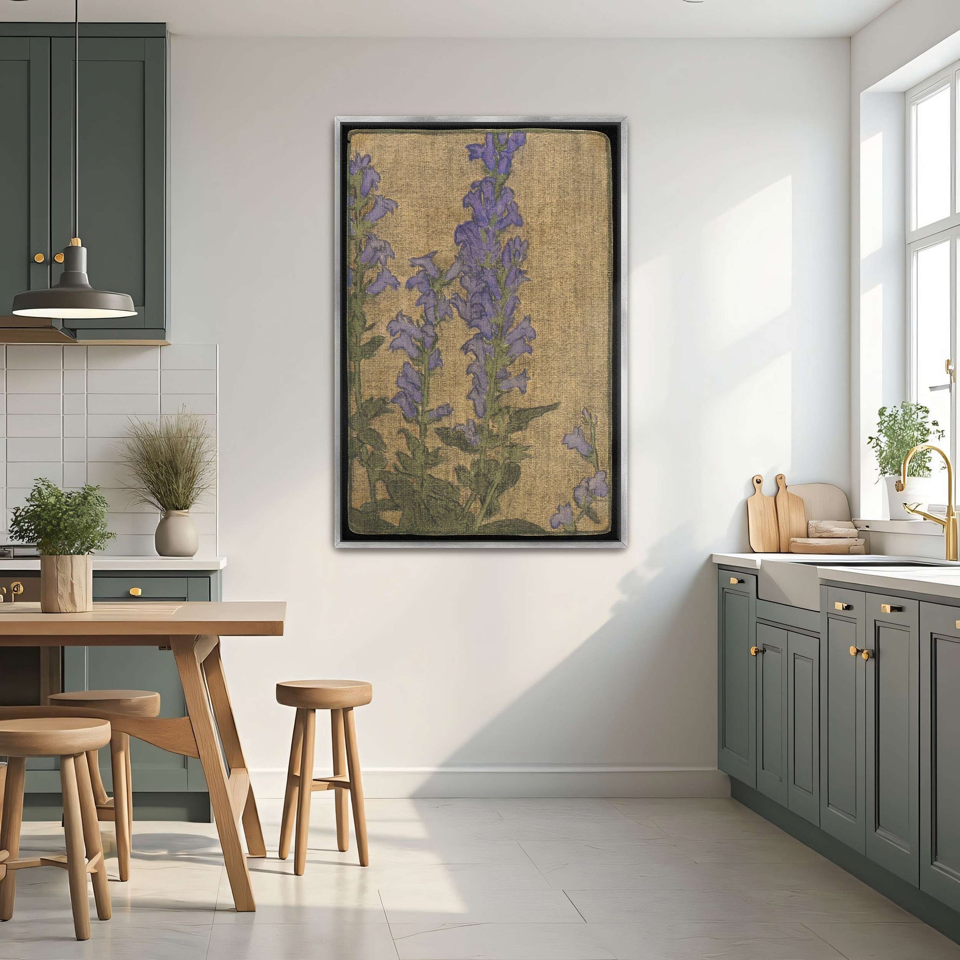 Purple flowers on beige background by Hannah Borger Overbeck