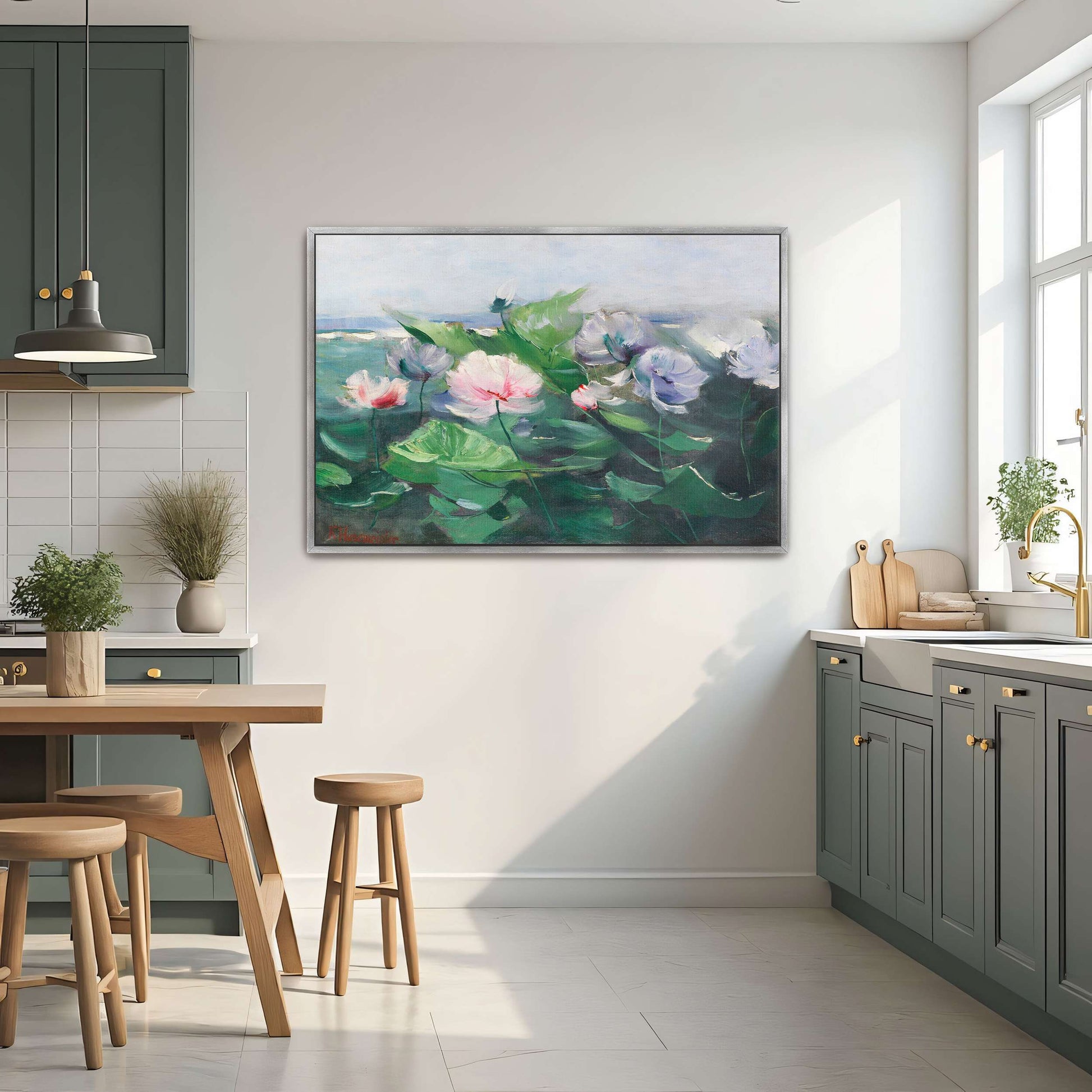 Water lilies in a pond with green leaves by Karl Hagemeister