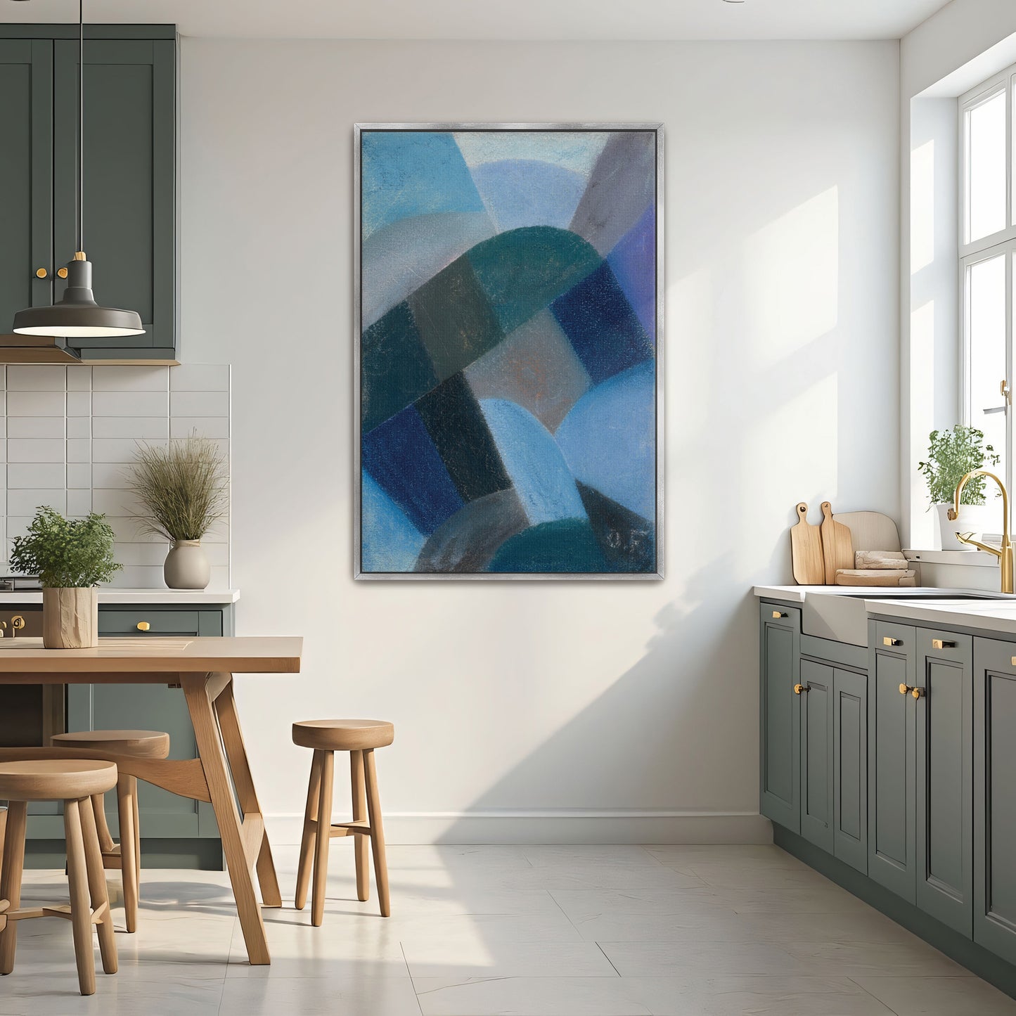 Abstract Geometric Composition In Shades Of Blue, Green, And Gray By Otto Freundlich