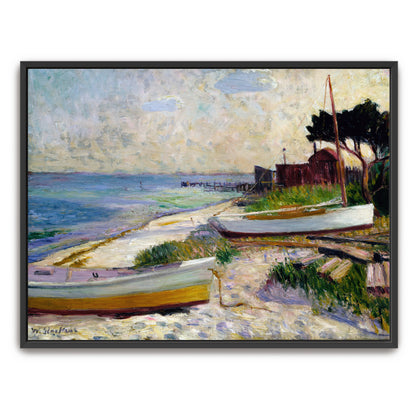 Boats On Sandy Shore With Blue Water And Lush Greenery By William James Glackens