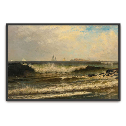 Sailboats on a choppy sea with a rocky shore by Alfred Thompson Bricher