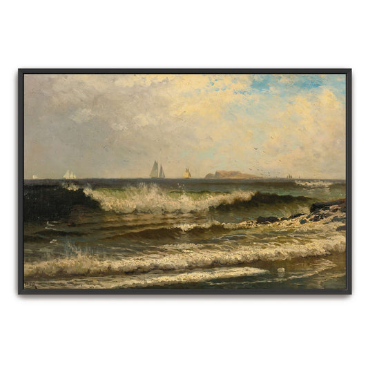Sailboats on a choppy sea with a rocky shore by Alfred Thompson Bricher