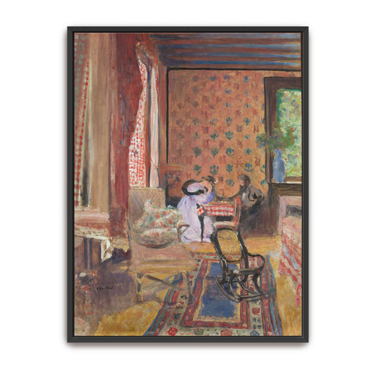 Two women in a room with a red checkered curtain by Édouard Vuillard