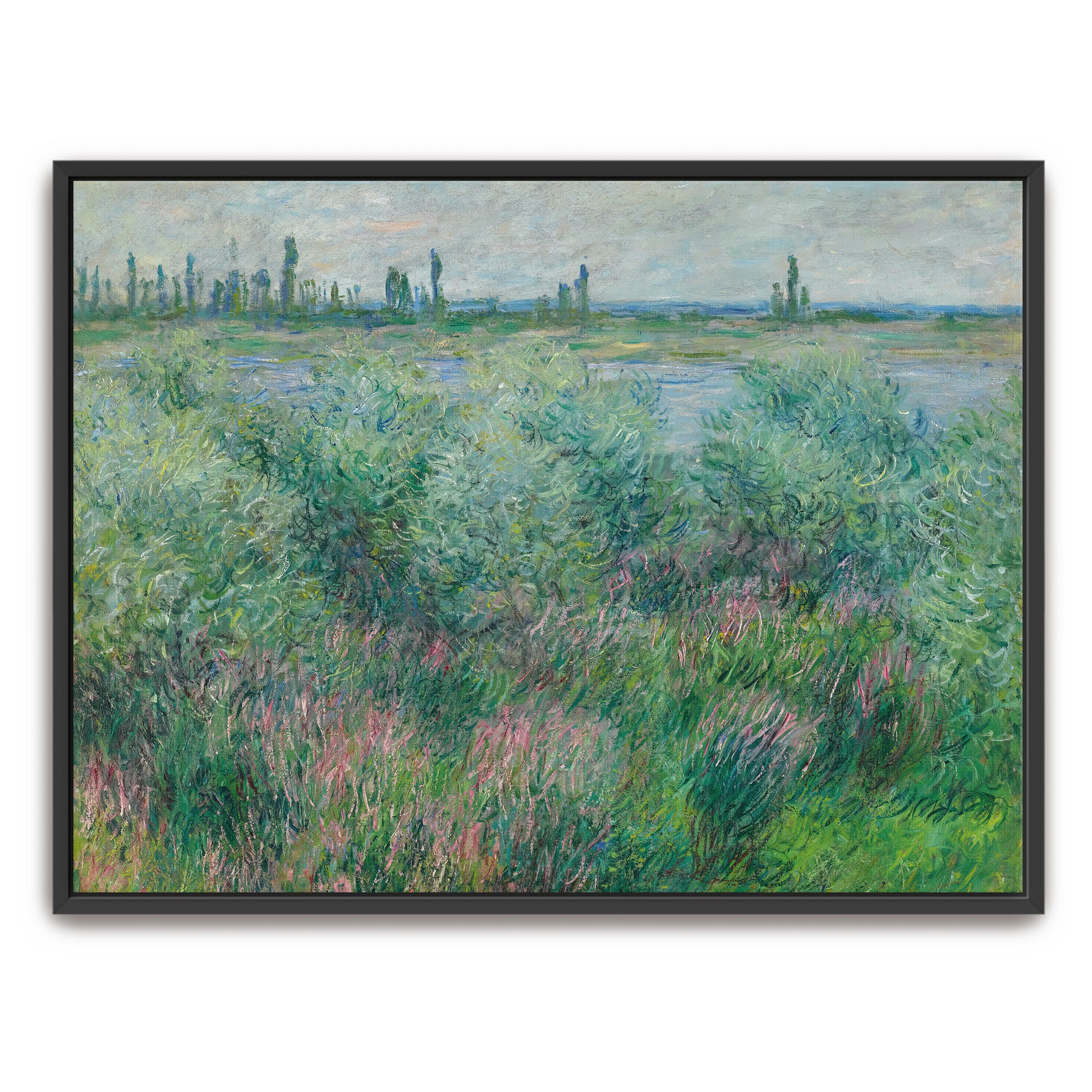 Riverbank Landscape With Green Trees And Pink Flowers By Claude Monet