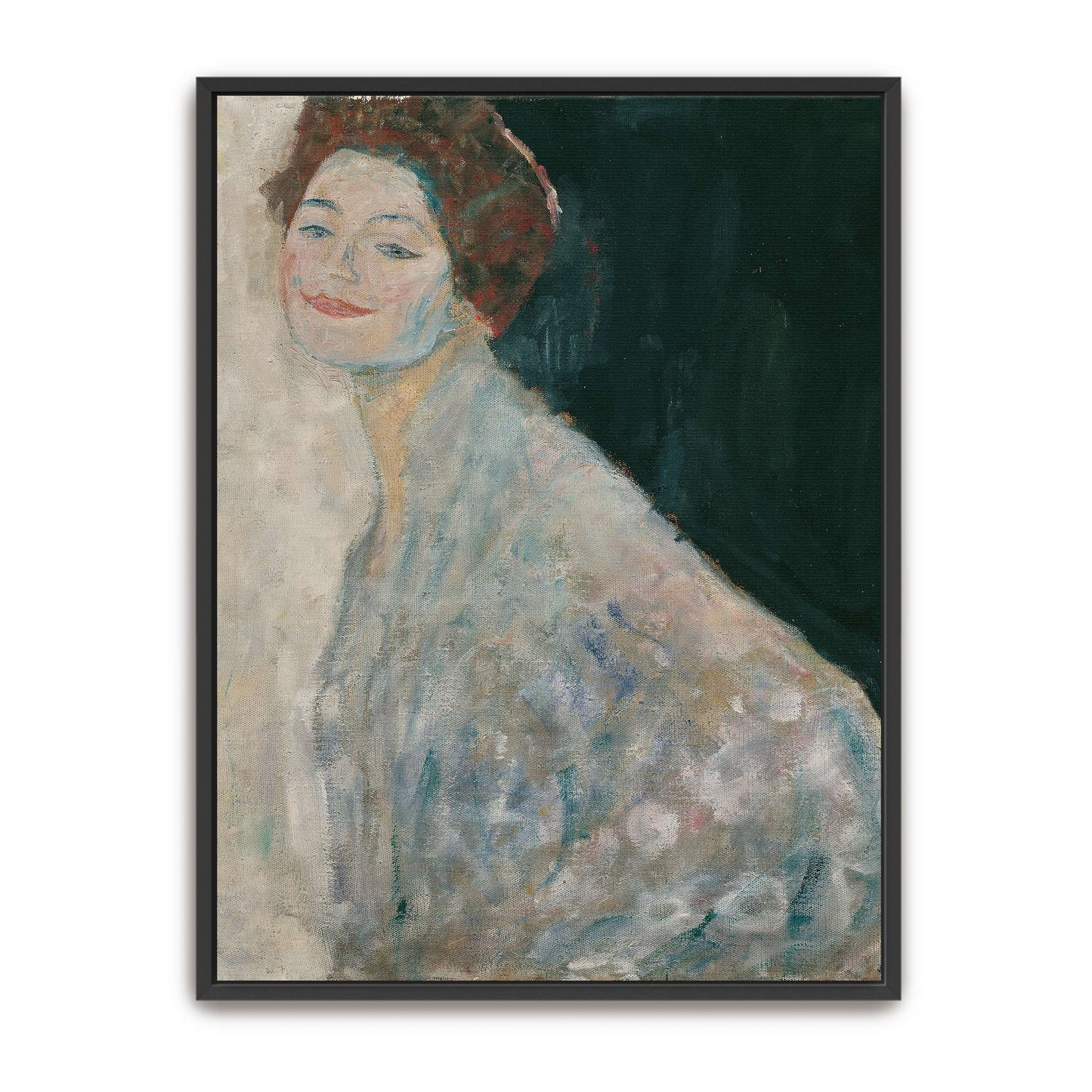 A woman in a white dress with a dark background by Gustav Klimt