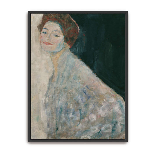 A woman in a white dress with a dark background by Gustav Klimt
