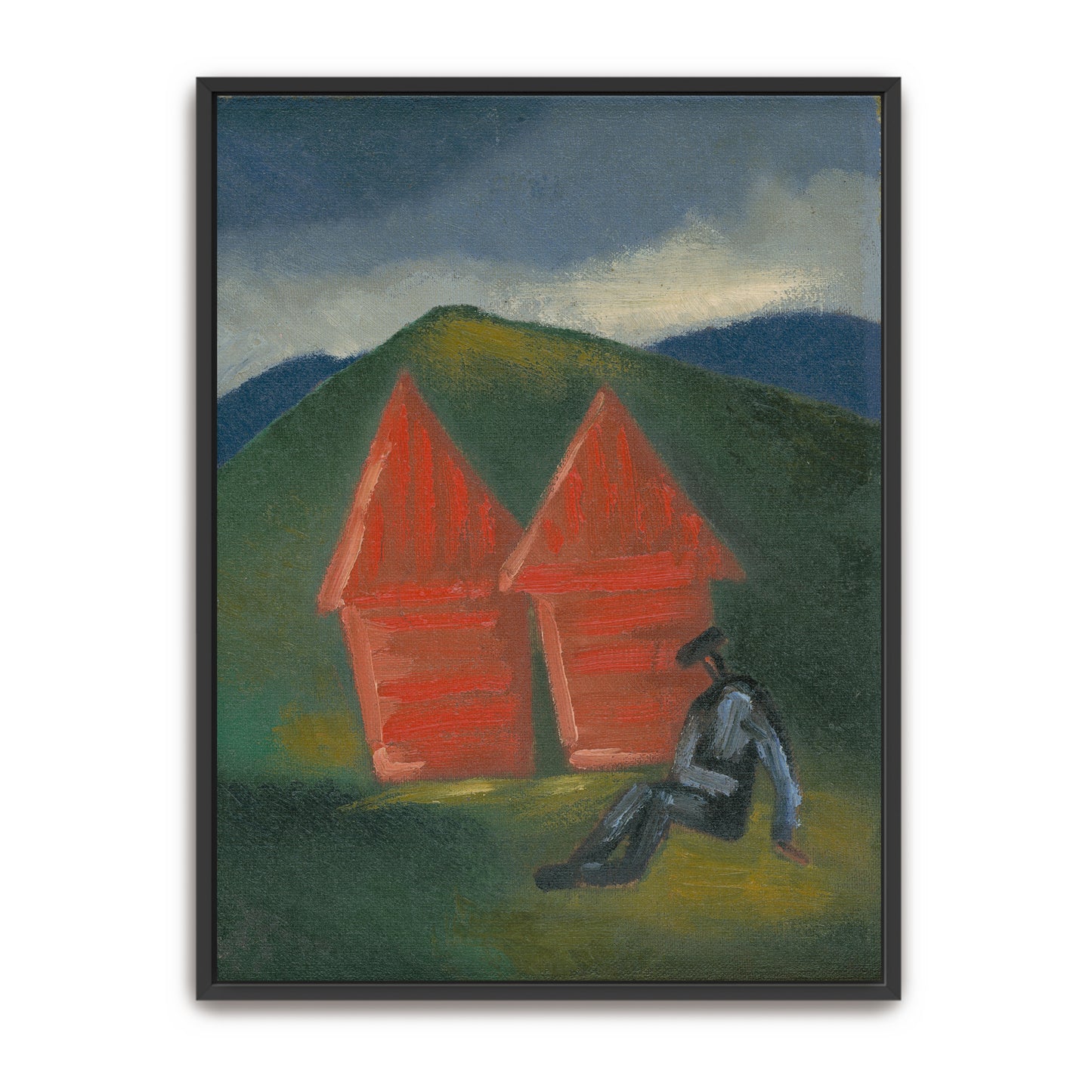 Two Red Barns And A Figure In A Green Landscape By Mikuláš Galanda