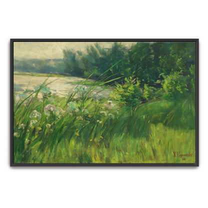 Lush Green Landscape With White Flowers Near A River By Karl Hagemeister