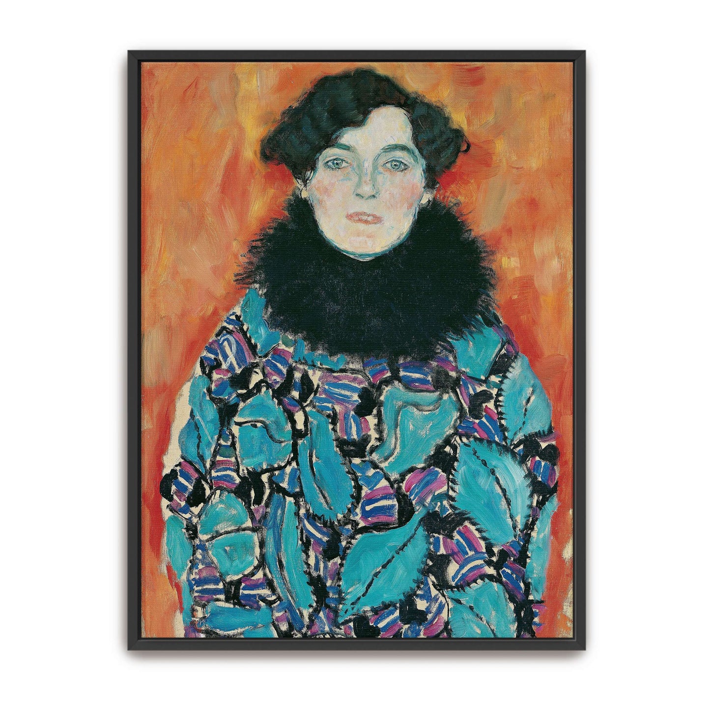 Portrait of a woman in a patterned dress by Gustav Klimt