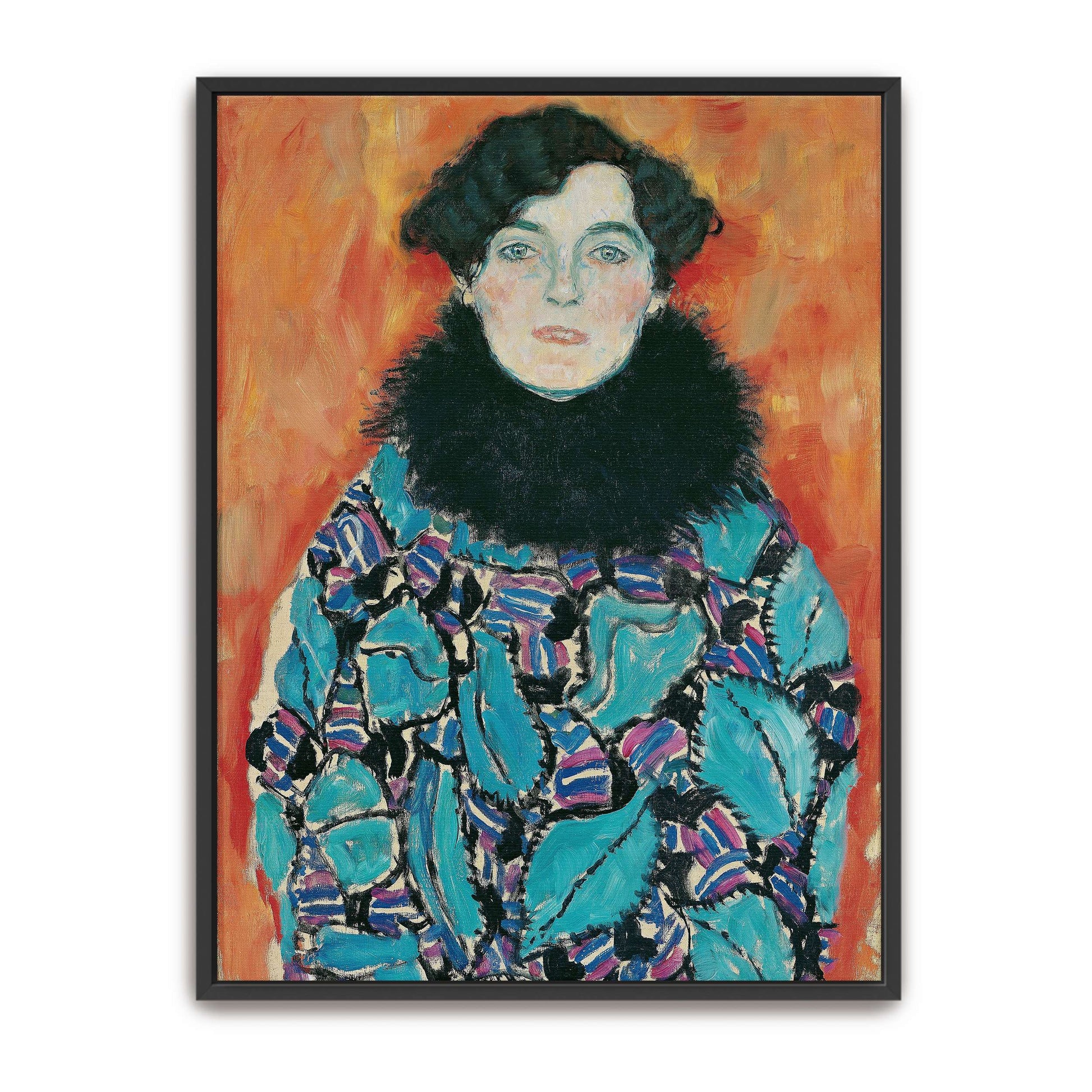 Portrait of a woman in a patterned dress by Gustav Klimt