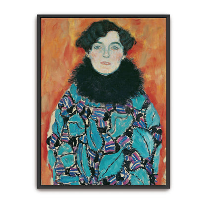 Portrait of a woman in a patterned dress by Gustav Klimt