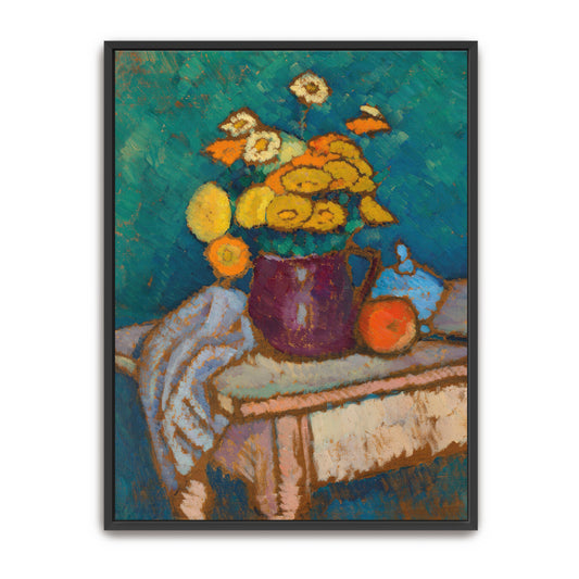 Still Life With Flowers, Fruit And Cloth On Table By Alexej Von Jawlensky