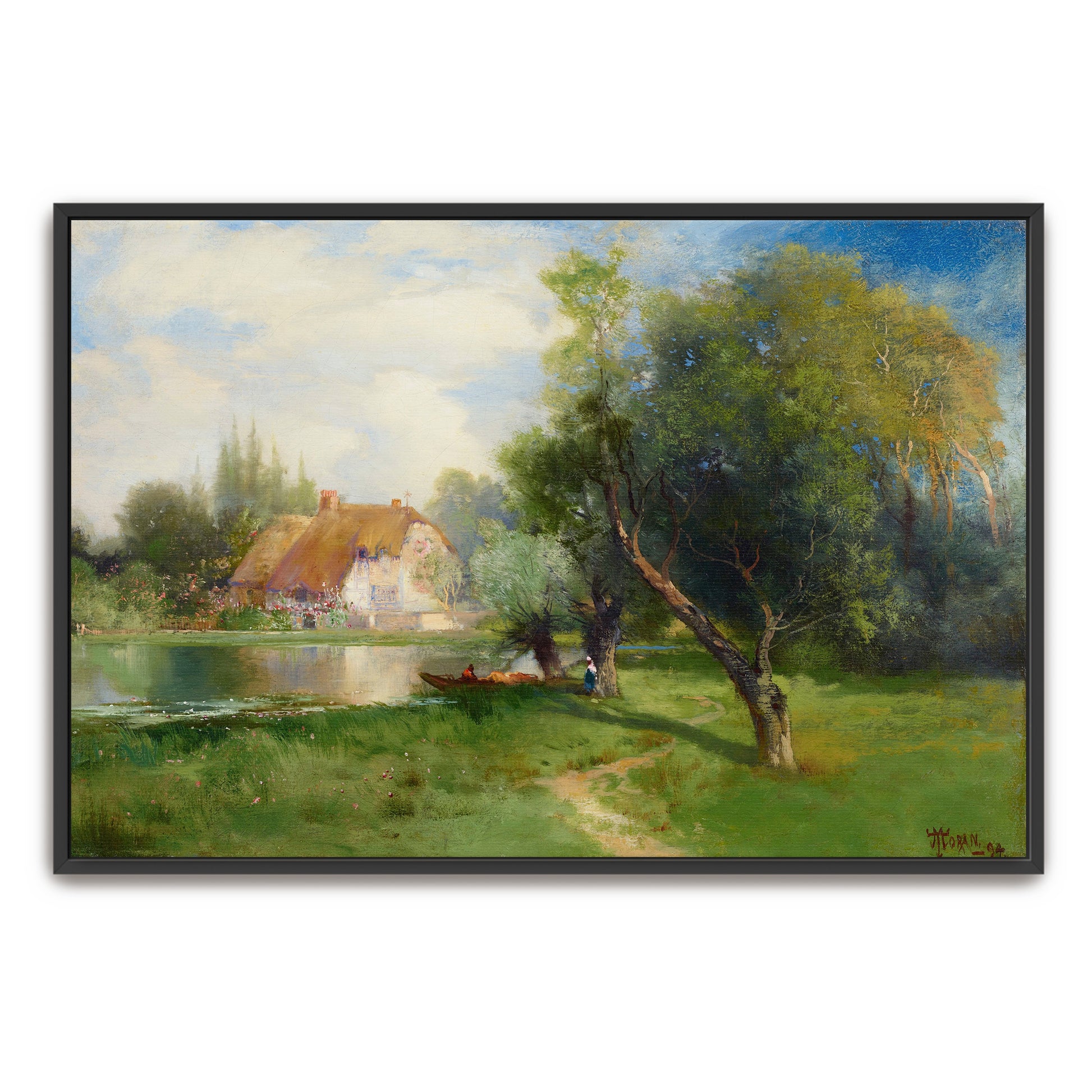 Cottage By A River, Lush Greenery, Tranquil Landscape By Thomas Moran