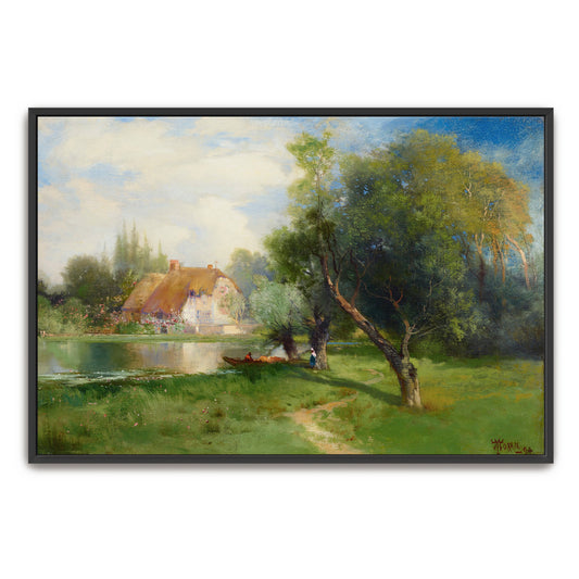 Cottage By A River, Lush Greenery, Tranquil Landscape By Thomas Moran