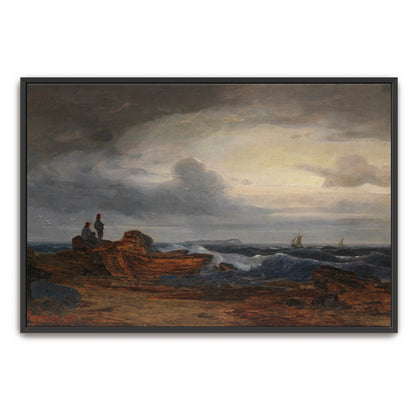 Two Figures On A Rocky Shore With Boats And A Distant Sailboat Under A Cloudy Sky By Karl Hagemeister