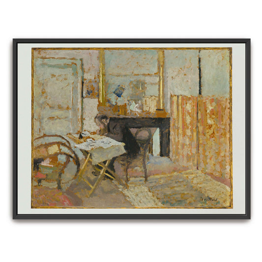 A woman sits at a table in a room by Édouard Vuillard