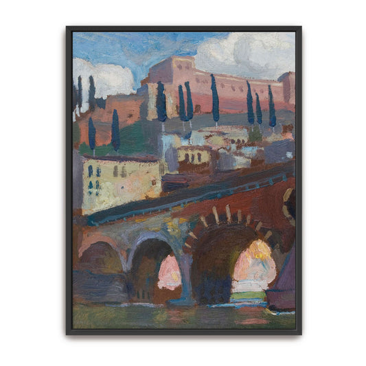 Cityscape with bridge and cypress trees by Jan Stanislawski