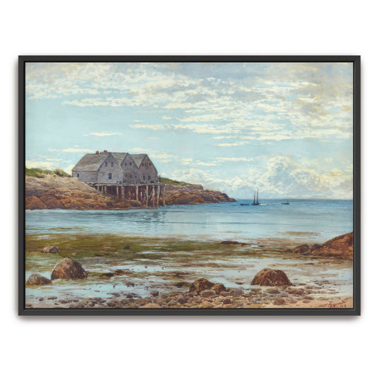 Coastal scene with houses on stilts by Alfred Thompson Bricher