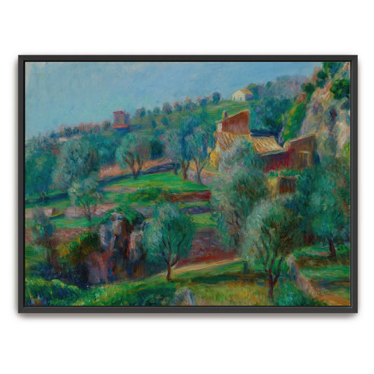 Hillside Village With Lush Green Trees And Terraces By William James Glackens