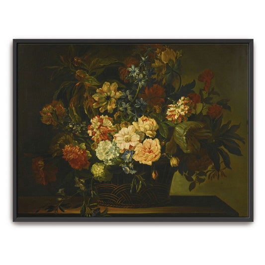 A basket of flowers on a table by Jean-Baptiste Monnoyer
