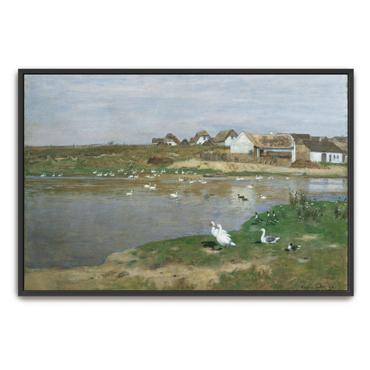 Village with geese on a lake by Eugen Jettel