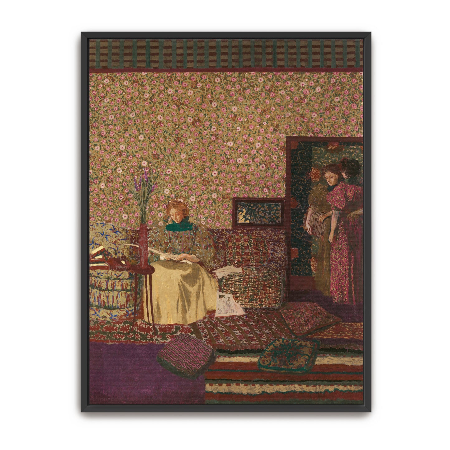 Interior Scene With Two Women Reading And A Floral Wallpaper By Édouard Vuillard