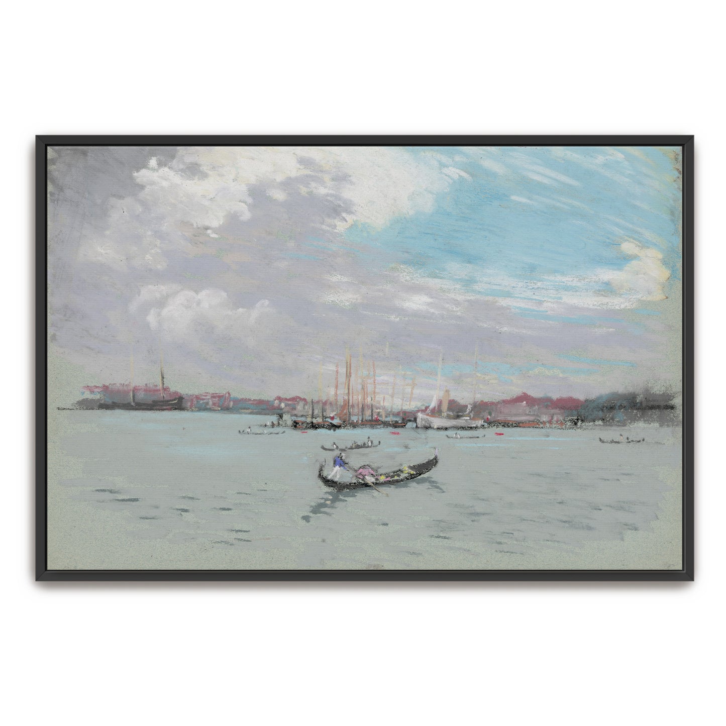 Gondola On Calm Water, Venice, With Boats And Buildings In Background By Joseph Pennell