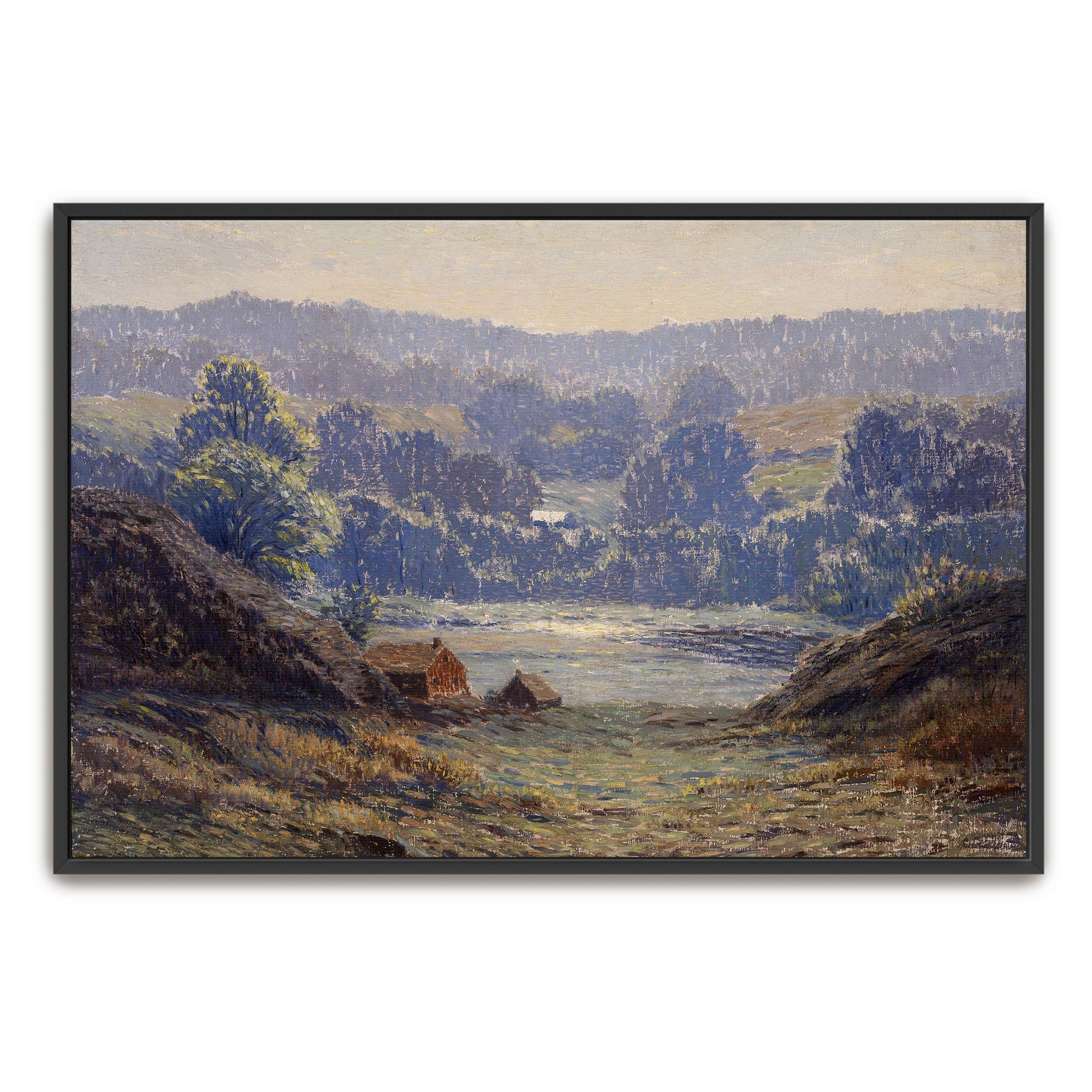 A landscape with a house in a valley by Leonard Ochtman