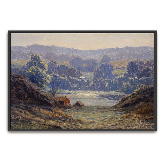 A landscape with a house in a valley by Leonard Ochtman