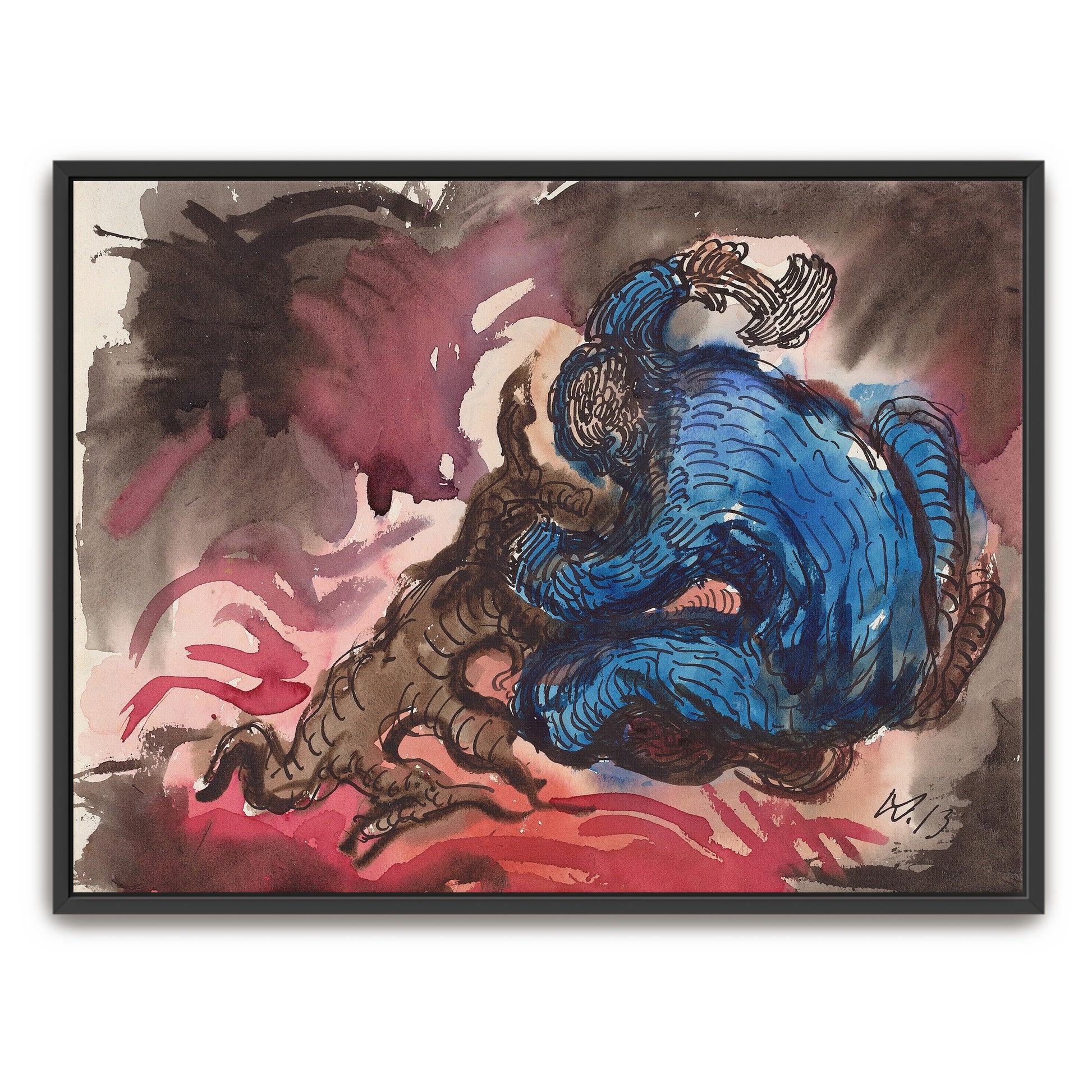 Blue Figure Wrestling With A Dark Creature In A Red And Brown Landscape By Wilhelm Morgner