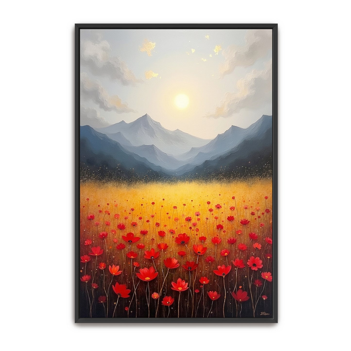 Golden Field Of Red Flowers Under A Mountain Range By Yara Rabibzad