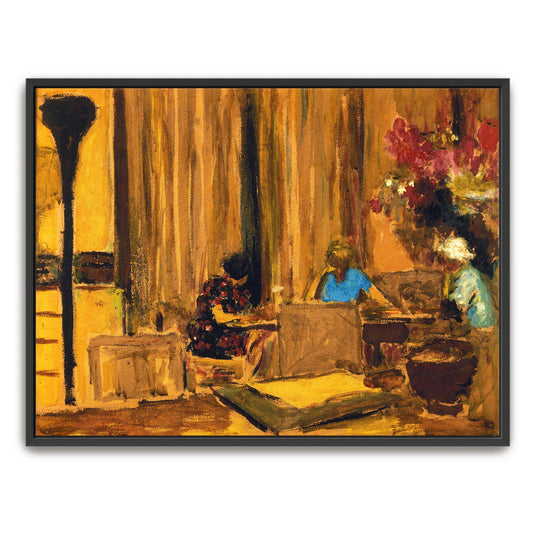 Interior scene with figures, furniture, and flowers by Édouard Vuillard