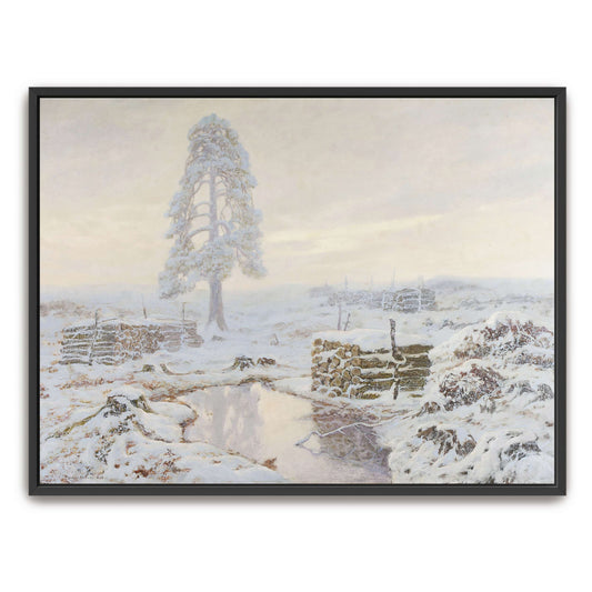 Snowy winter landscape with lone tree by Józef Rapacki