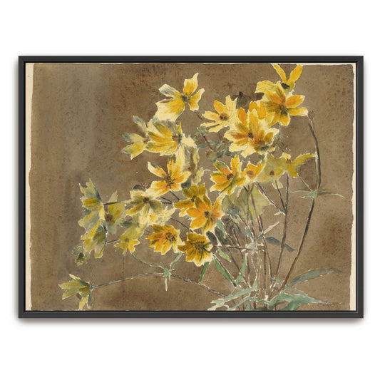 Yellow flowers on brown background by Hannah Borger Overbeck