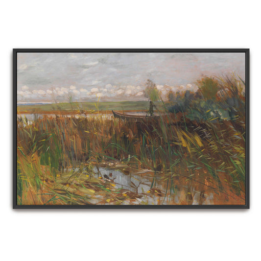 A boat in a marsh with reeds by Karl Hagemeister