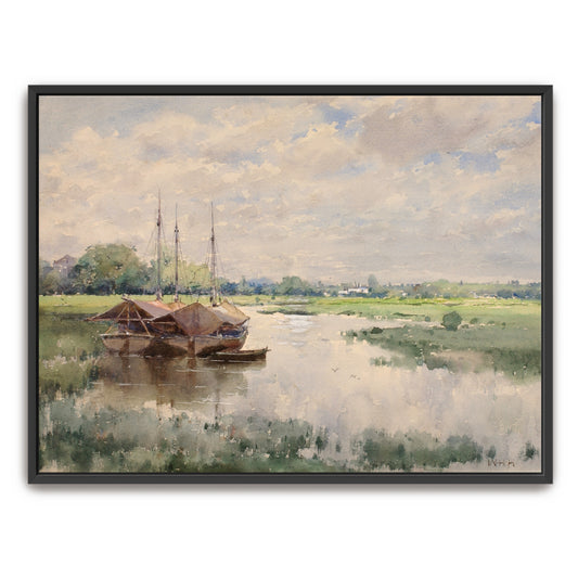 Calm River With Boats Under Cloudy Sky By William Henry Holmes