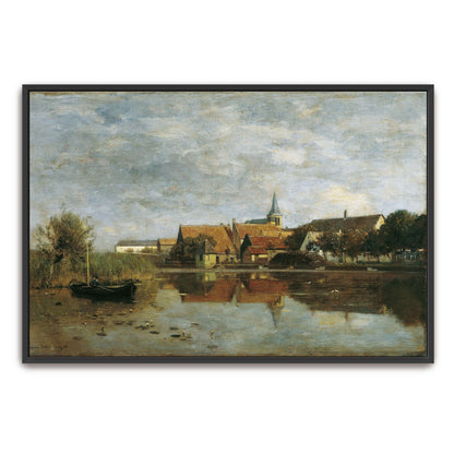 A village by a lake with a boat by Eugen Jettel