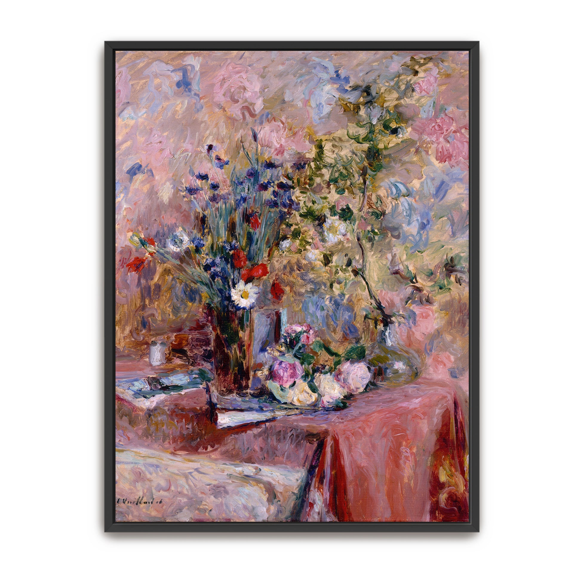 Flowers In Vase With Pink Tablecloth By Édouard Vuillard