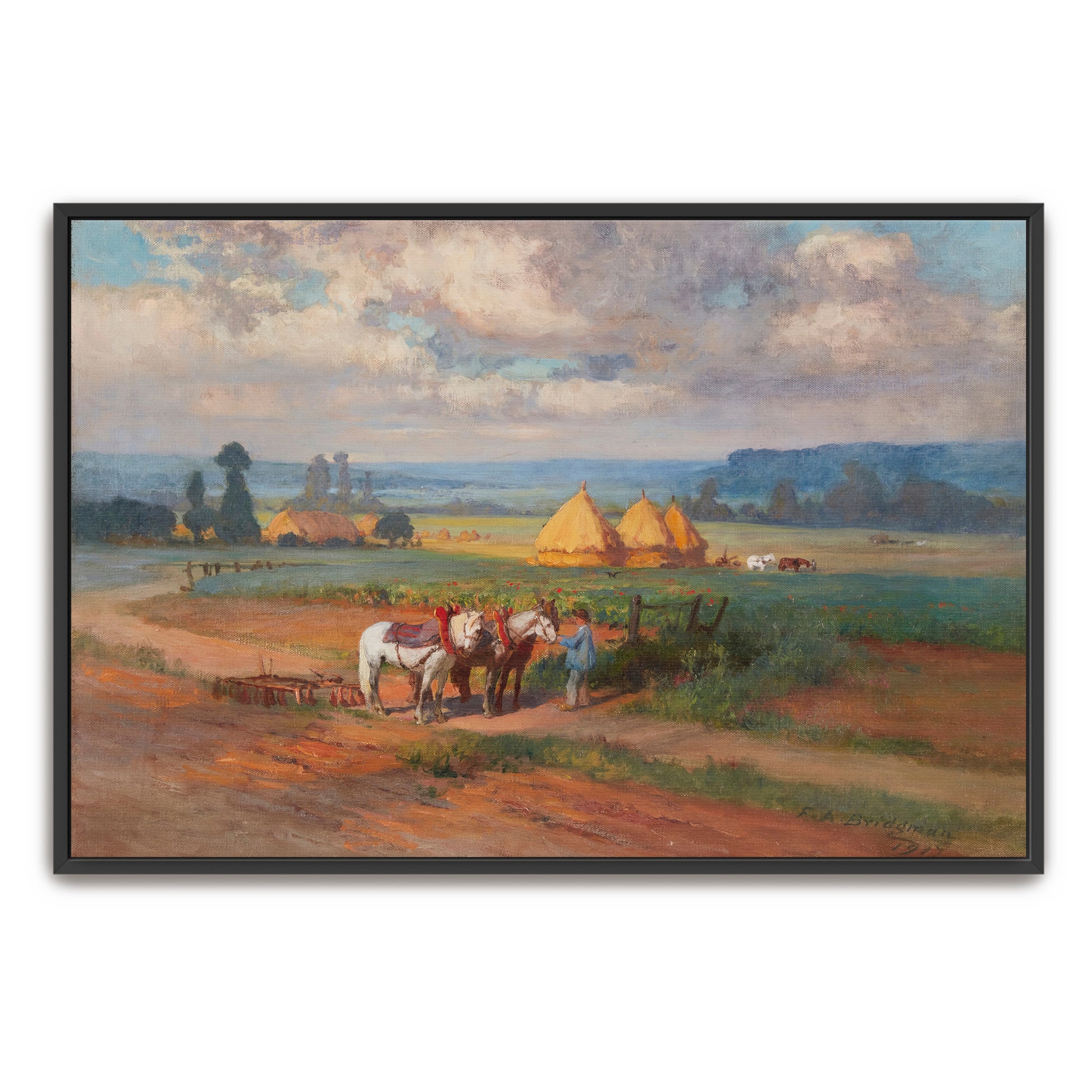 Farm Scene With Haystacks And Horses By Frederick Arthur Bridgman