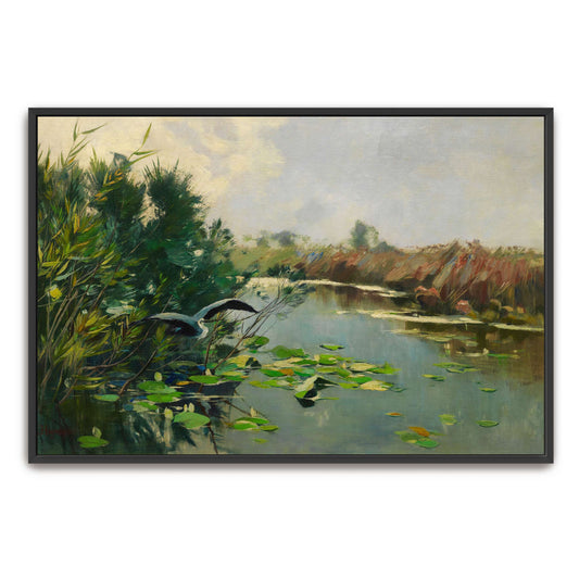 A heron flying over a river by Karl Hagemeister