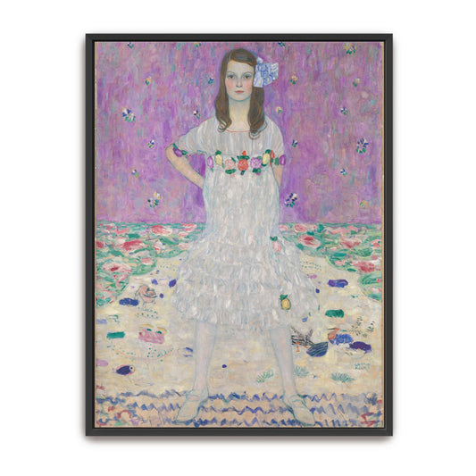 Young girl in white dress, floral background by Gustav Klimt